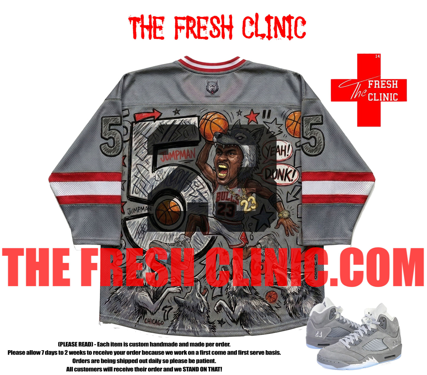 Jordan 5 Wolf Grey (Flying Wolf) - Hockey Jersey