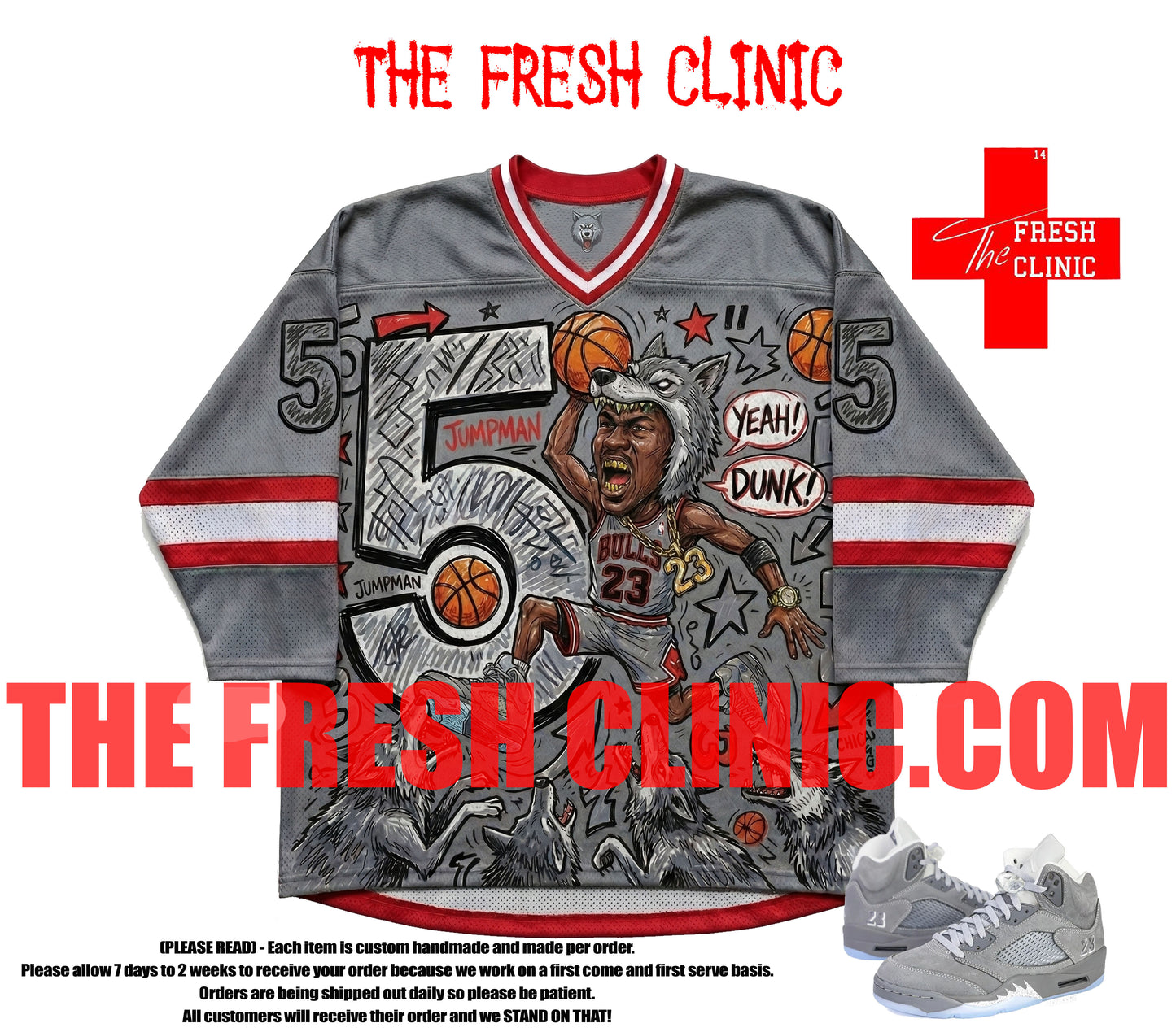 Jordan 5 Wolf Grey (Flying Wolf) - Hockey Jersey